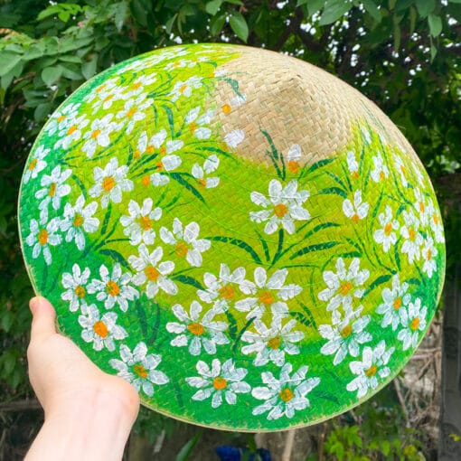 Nón cỏ bàng họa tiết hoa Cúc trắng