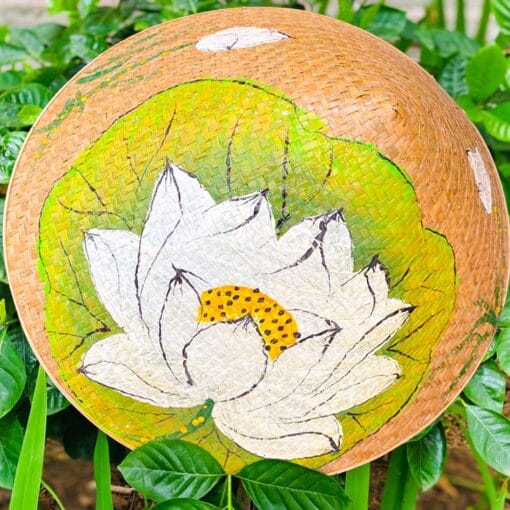 Nón cỏ bàng họa tiết Sen trắng