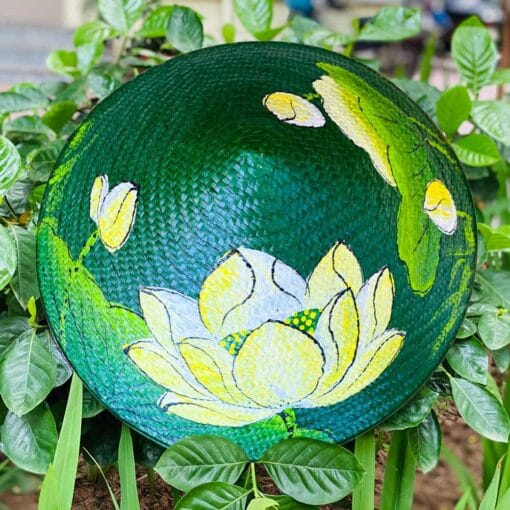 Nón cỏ bàng xanh họa tiết Sen xanh