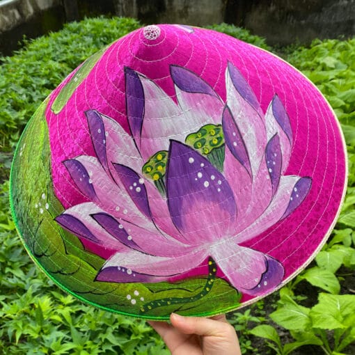 Nón lụa hồng họa tiết Sen tím-02