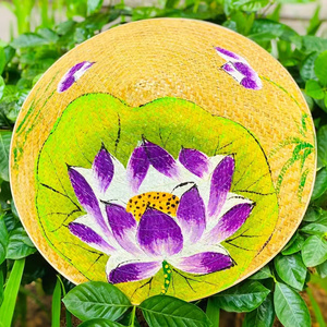 Nón cỏ bàng họa tiết sen tím – Mẫu 01