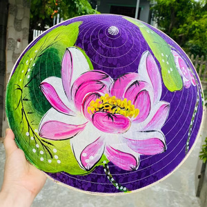 Nón lụa tím họa tiết sen hồng – Mẫu 01