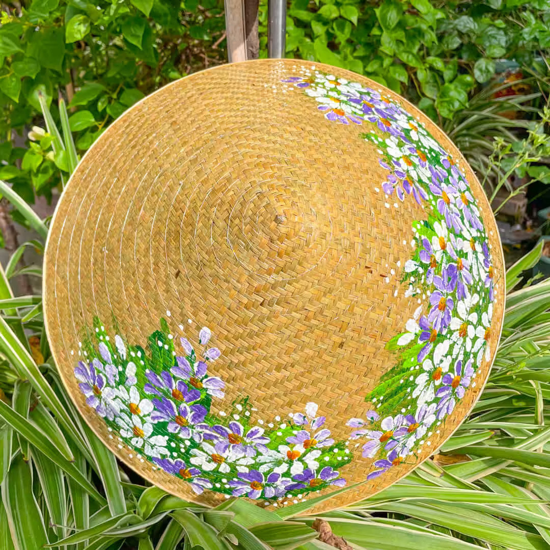 Nón cỏ bàng trơn vẽ tay hoa nhài
