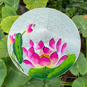 Nón lụa trắng họa tiết sen hồng – Mẫu 02