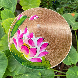 Nón lụa nâu họa tiết sen hồng – Mẫu 02